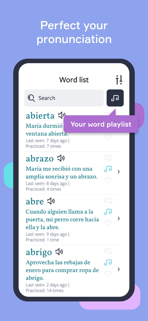 Lingvist: Learn Languages Fast - Esta sección permite a los usuarios perfeccionar la pronunciación mediante la función de lista de palabras con opciones de audio y la visualización de oraciones de ejemplo para cada término.