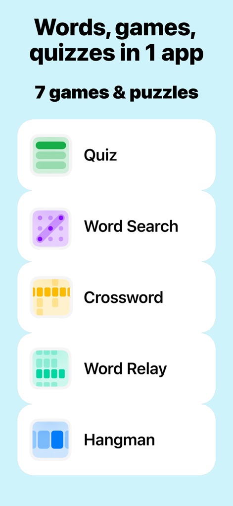Word of the Day・Vocabulary - The app consolidates multiple learning methods, presenting a clear list of activities like "Quiz" and "Hangman" for varied engagement.