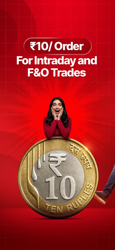 Kotak Neo Stock Market Trading - Users can benefit from low brokerage charges, with Intraday and F&O trades priced at just ₹10 per order, clearly depicted by the large coin graphic.