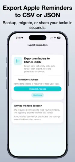 Screenshot von Export Reminders To CSV & JSON auf dem iPhone 1