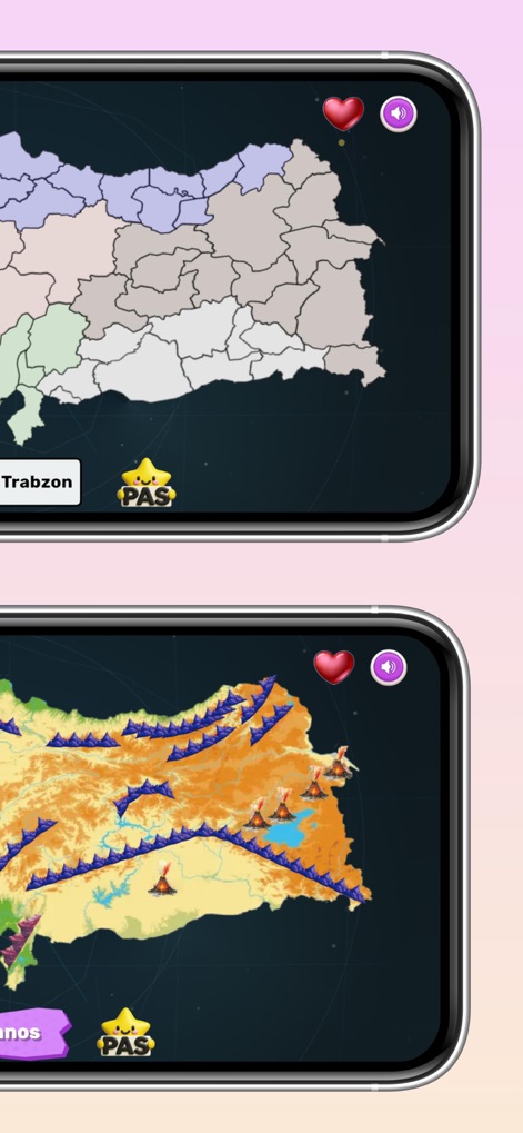 Türkiye ve Dünya Haritaları - Identify specific regions on the "Türkiye Haritası", such as highlighted provinces like Trabzon, and detailed physical features including various volcanoes.