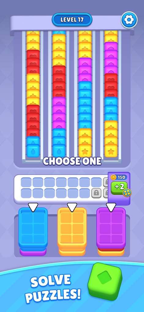 Sorting Cube Jam - This screenshot highlights the strategic choice presented to players for selecting a tray and the varied patterned cubes that need sorting.