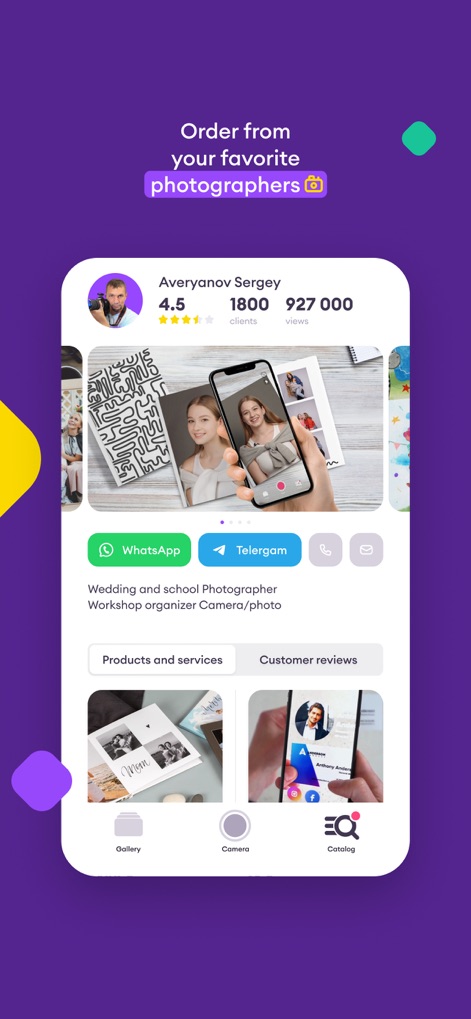 OJV! - O aplicativo exibe o perfil de um fotógrafo profissional, incluindo classificações e número de clientes, juntamente com diversas opções de contato, facilitando a interação entre usuários e criadores de conteúdo.