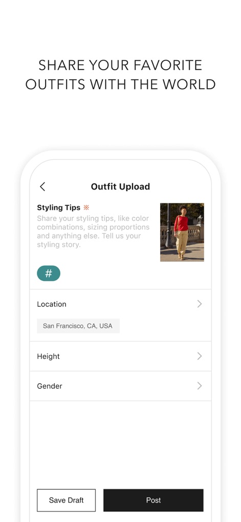 StyleHint: Style search engine - The app empowers users to contribute to the fashion community by providing "Styling Tips" and categorizing their outfits using specific "Location" and "Gender" fields.