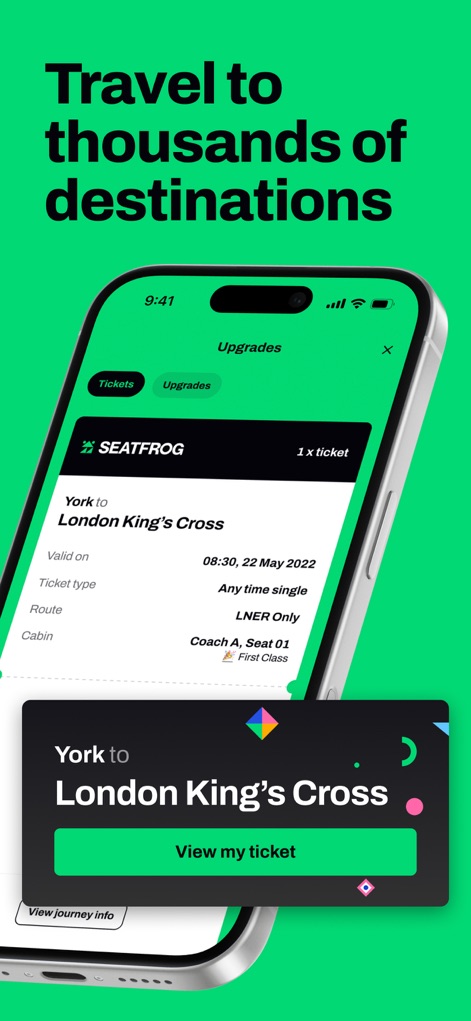 Seatfrog: Rail Journey Planner - L'application affiche les informations détaillées d'un billet "York à London King's Cross", incluant la mention "First Class".