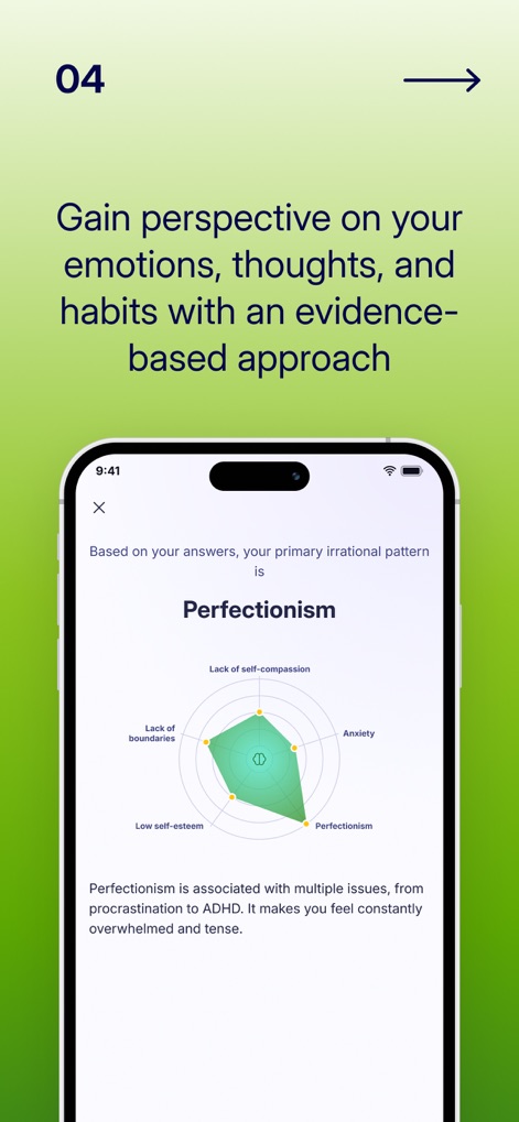 Liven: Discover yourself - The app provides a visual breakdown of personal patterns, illustrating interconnected traits on a radar chart alongside an identified primary irrational pattern like 'Perfectionism' and its associated issues.