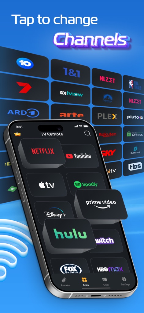 Universal Remote for TV Smart - Nutzer können direkt vom Smartphone auf beliebte Streaming-Dienste und Apps zugreifen (X), während der Hintergrund die Vielfalt der wählbaren Kanäle und Anwendungen (Y) verdeutlicht.