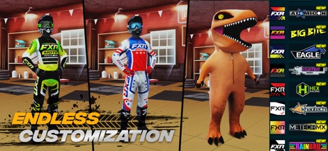 Mad Skills Motocross 3 - Los usuarios pueden elegir entre una vasta gama de opciones de personalización, incluyendo trajes de piloto realistas y un hilarante disfraz de tiranosaurio rex.