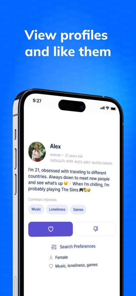 Social Chat: Make New Friends - Explore how users can seamlessly browse detailed user profile cards and interact with them using intuitive like and dislike buttons.