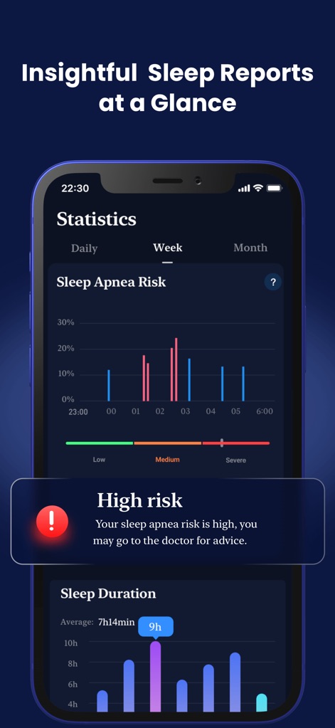 Sleep Monitor: Sleep Tracker - Detaillierte Berichte präsentieren den Nutzern ihr Schlafapnoe-Risiko mittels eines Balkendiagramms und analysieren die Schlafdauer mit farbcodierten Werten.