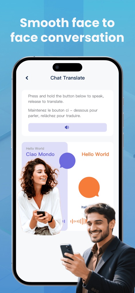 Translate Ease - Die App ermöglicht nahtlose persönliche Gespräche, indem sie zwei sprechende Personen und deren simultan übersetzte Sprechblasen visualisiert, was die direkte Kommunikation erleichtert.