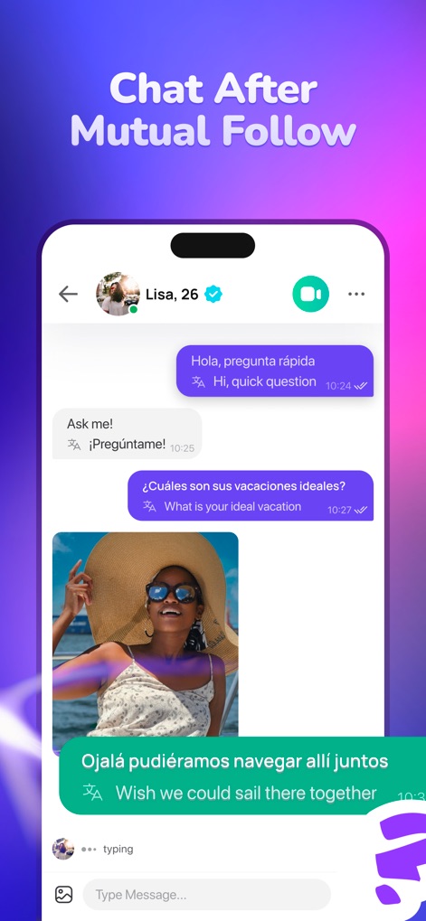 TopLive: Watch Live Streams - La aplicación fomenta la conexión respetuosa a través de chats privados, disponibles tras el seguimiento mutuo, que incluyen la capacidad de enviar mensajes bilingües, como las frases en inglés y español, y compartir imágenes, mejorando la comunicación.