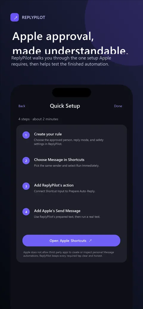 ReplyPilot guided Apple Shortcuts setup