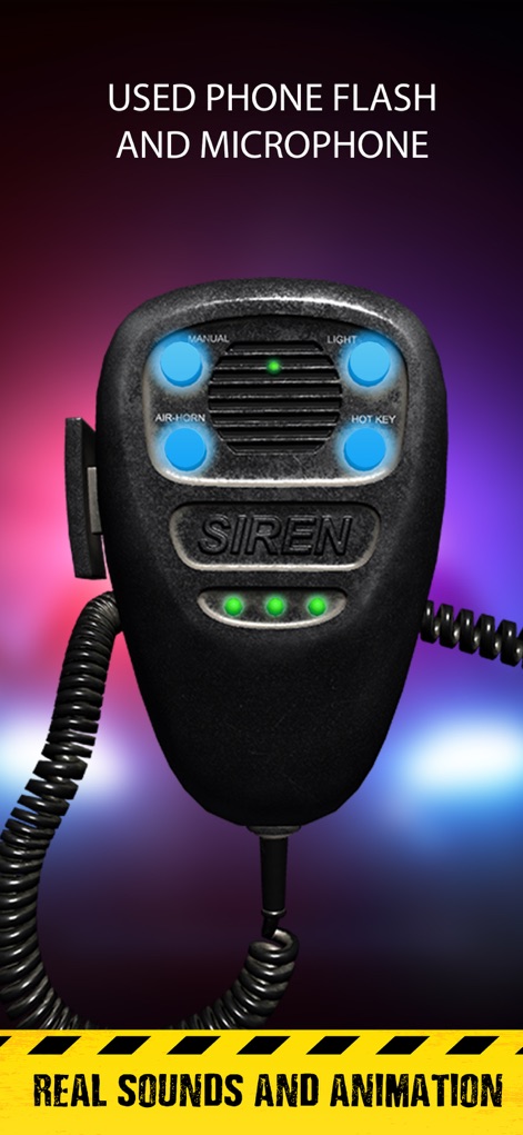 Emergency Vehicle Siren System - This tool features an interactive control hub with illuminated buttons like "MANUAL" and "AIR HORN", showcasing its capability to use the phone's flash for enhanced realism.
