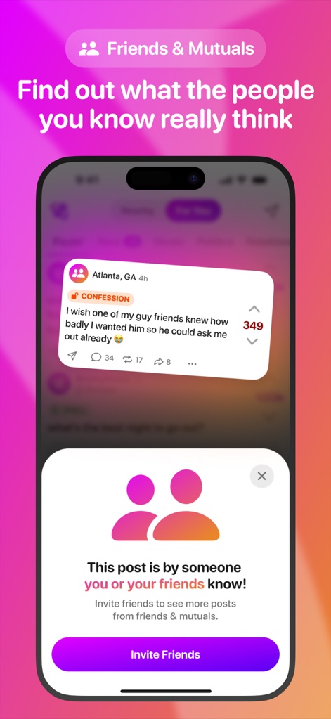 Fizz: Your Authentic Community - Access private peer insights, with special 'CONFESSION' post types and a clear 'Invite Friends' prompt to expand connections within trusted circles.