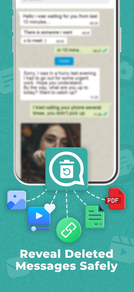 WAMR Recover Deleted Messages - This graphic illustrates how the WAMR app icon acts as a central hub, connecting to and recovering various file types such as images and PDF documents from deleted messages.