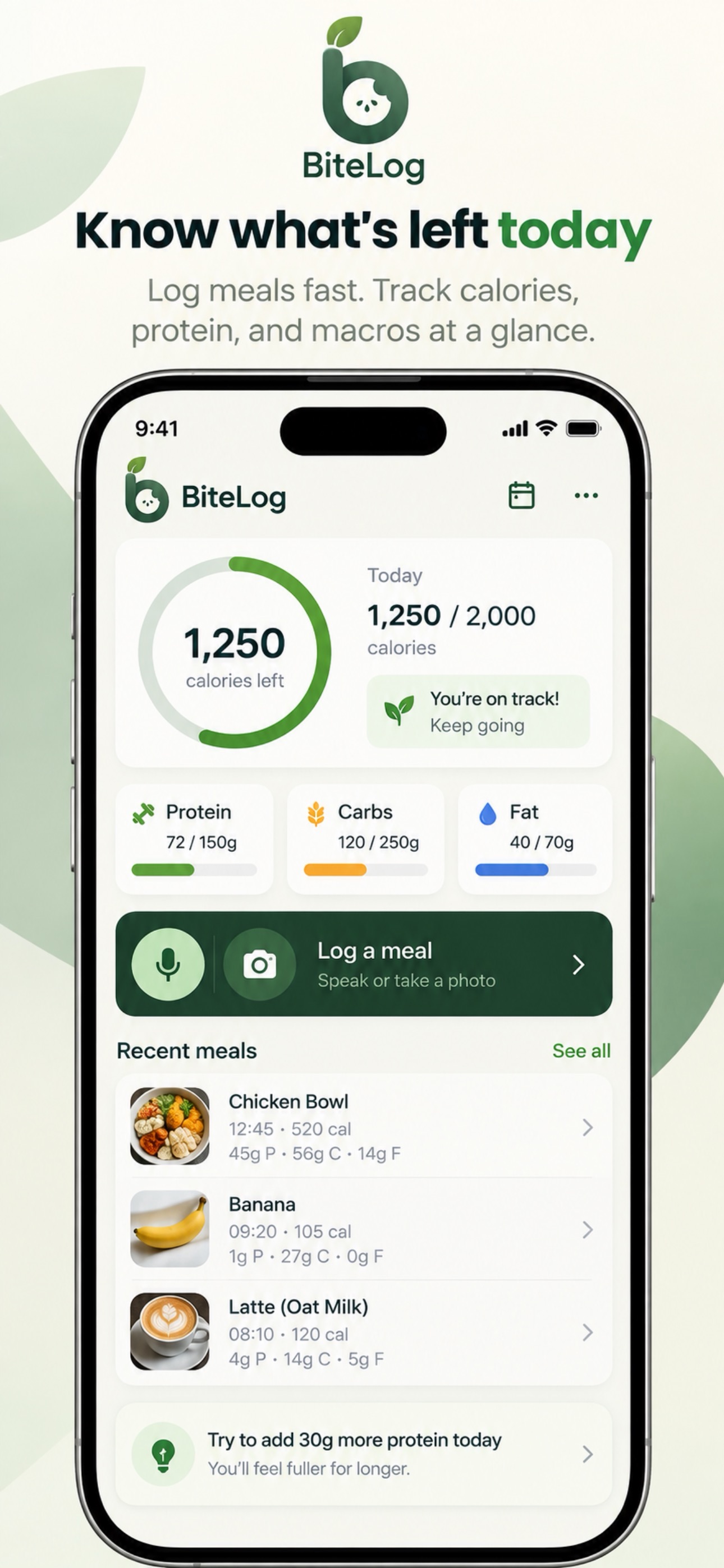 Screenshot 1 of BiteLog: Calorie & Meal Diary