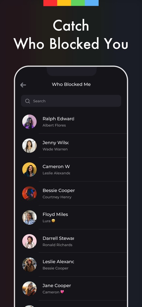 Reports Unfollowers Followers+ - Die App identifiziert und listet präzise auf, 'Who Blocked Me', und bietet zudem eine 'Search'-Funktion zur schnellen Übersicht.