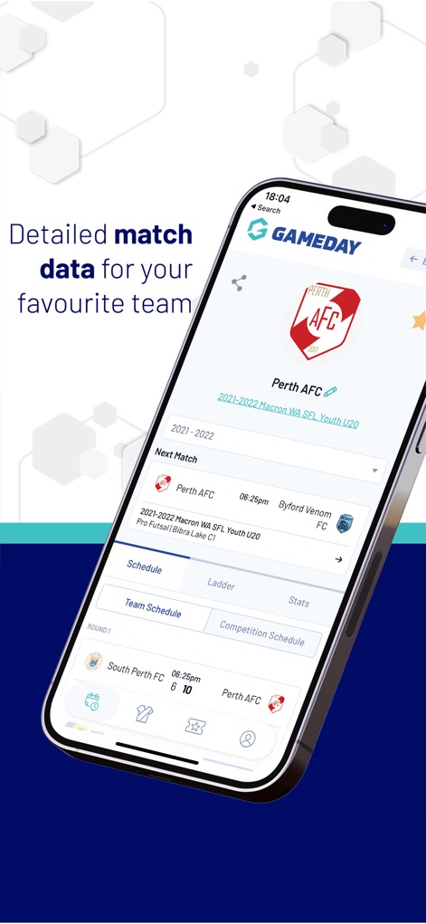 GameDay App - Diese Ansicht zeigt detaillierte Mannschaftsdaten wie den nächsten Spielplan und die aktuelle Tabellenposition ('Ladder') des ausgewählten Teams.