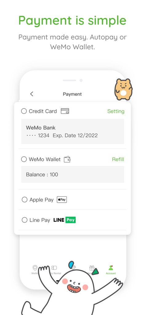 WeMo Scooter - クレジットカード、Apple Pay、LINE Payなど複数の支払い方法が提示されており、WeMo Walletの残高を簡単に管理できる機能を提供します。