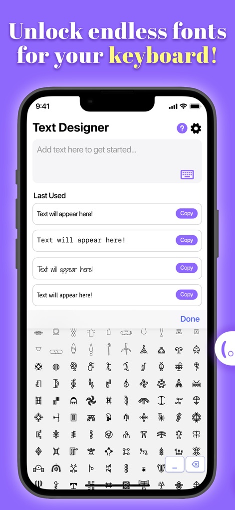 Text Designer - Font Keyboard - This tool features a dedicated text input area for easy text manipulation and offers an extensive collection of decorative symbols and glyphs for creative expression.