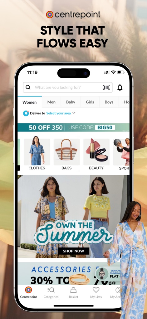 Centrepoint Online Shopping - This tool highlights trending styles, featuring dynamic banners like 'Own The Summer' and accessible visual categories such as 'Clothes' and 'Bags' for easy browsing.