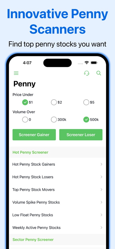 Stock Scanner Screener AI - 本アプリのペニースクリーナーは、「価格帯」と「出来高」フィルターを細かく設定することで、「ホットペニーストックゲイナー」や「ローフロートペニーストック」といった特定の条件を満たす銘柄を特定します。