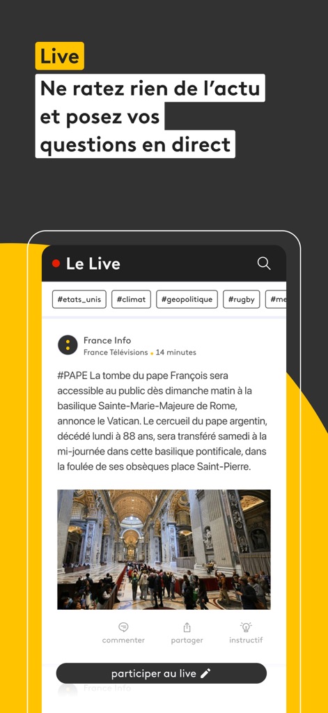franceinfo: l’info en continu - The interactive live feed offers real-time news updates, complemented by options to comment and share directly within the stream.