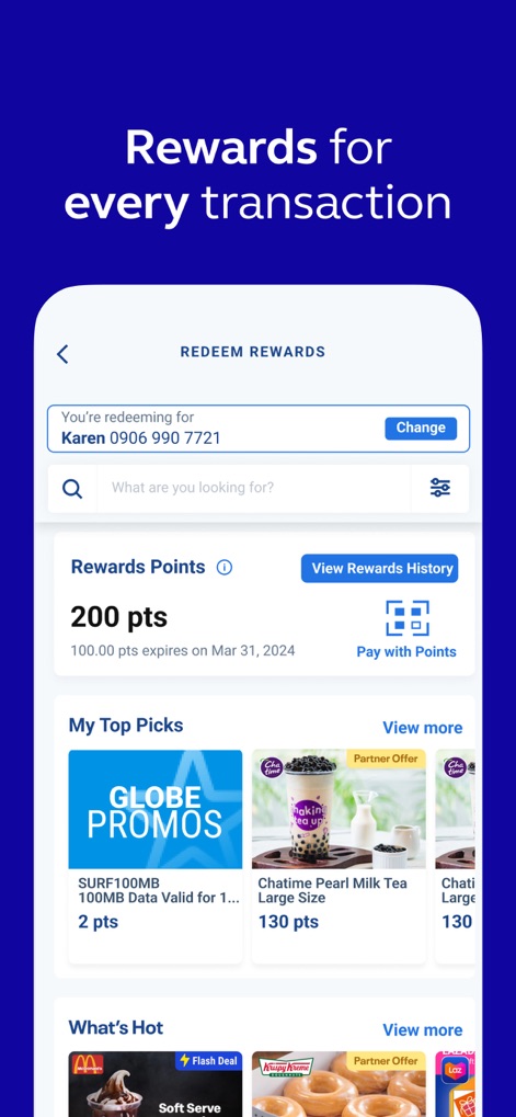 GlobeOne: Get More from Globe - Les points de récompense sont visibles en un coup d'œil ("200 pts") et peuvent être échangés contre une variété d'articles, allant des promotions telco aux offres partenaires comme les boissons ou les beignets, illustrant la diversité des avantages.