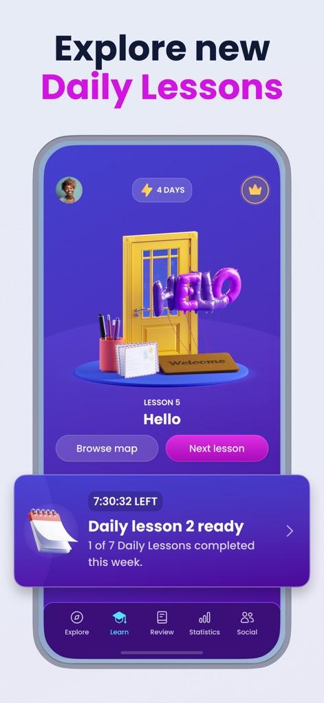 Mondly: Learn 41 Languages - Discover new content each day with "Daily Lessons," clearly displayed in the "Lesson 5 Hello" module and easily accessible through the "Browse map" feature.