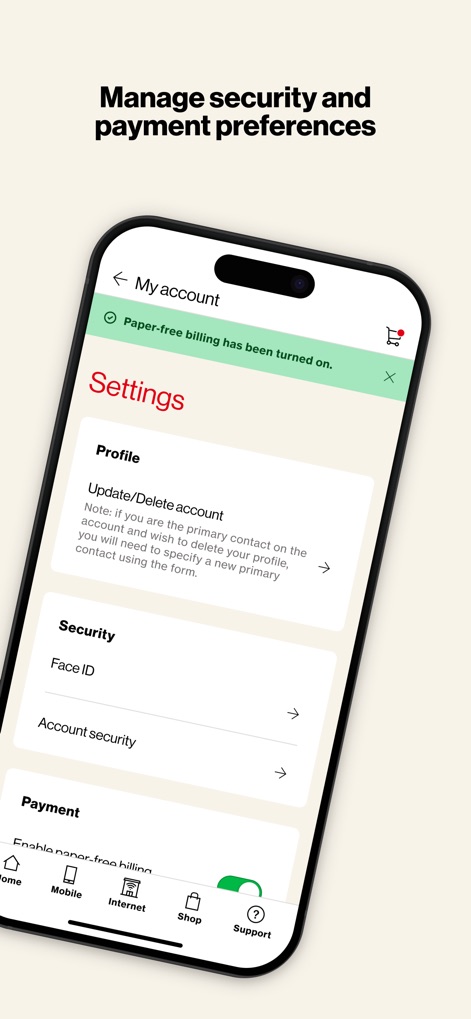 My Verizon For Business - A tela oferece controle sobre a "Segurança" da conta, incluindo opções como Face ID, e permite gerenciar as "Preferências de pagamento", facilitando a customização e proteção das informações.