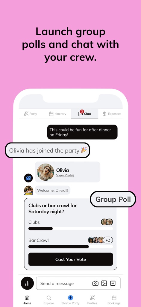Batch: Let’s Party - Users can engage in lively group chats with individual messages and facilitate decisions through the integrated 'Group Poll' feature.