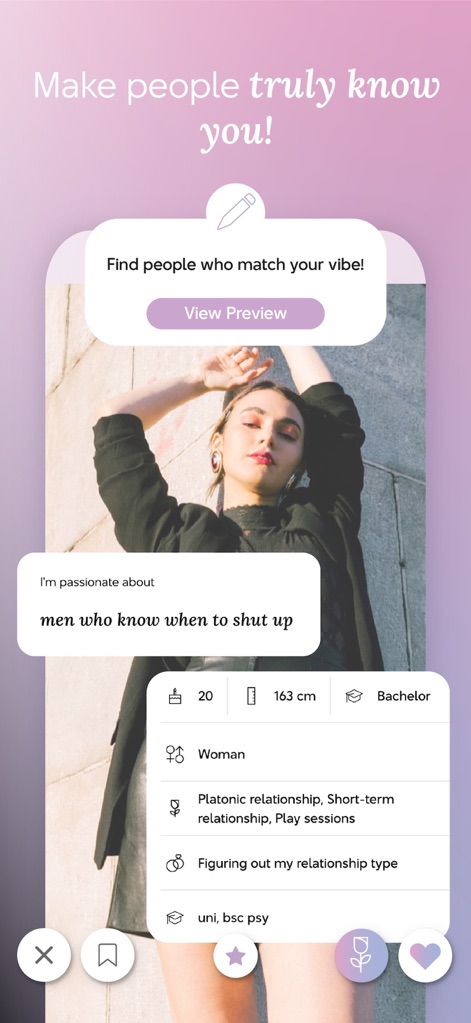 Chyrpe: Female-Led Dating - プロフィール画面では、ユーザーの魅力的な写真と「men who know when to shut up」のような独自の自己紹介文が表示されており、自身のパーソナリティを詳細に表現できることが分かります。