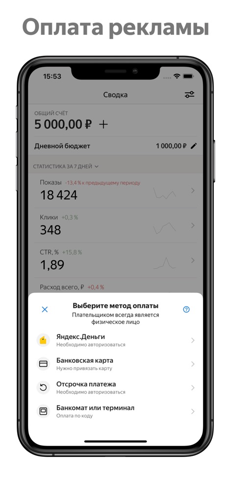 Ads Manager 2024 - Gli utenti possono gestire le finanze delle loro campagne, scegliendo tra diverse opzioni di ricarica come "Yandex.Money" o "Carta Bancaria", e avvalendosi della funzionalità di "Pagamento Differito".