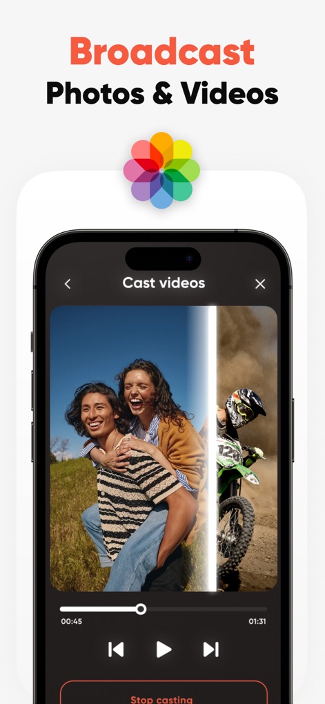 Mi TV Remote・Shield Controller - The app allows users to easily cast photos and videos from their device, featuring clear playback controls within the casting interface.