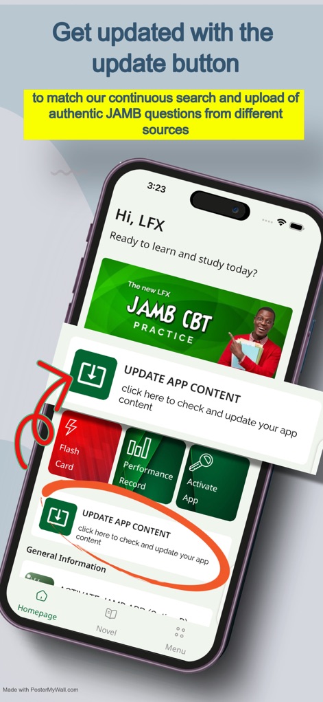 JAMB CBT PRACTICE 2026 - LFX - Para asegurar la relevancia, la aplicación incluye un botón claro de "UPDATE APP CONTENT" que permite a los usuarios mantener al día su biblioteca de preguntas y recursos.