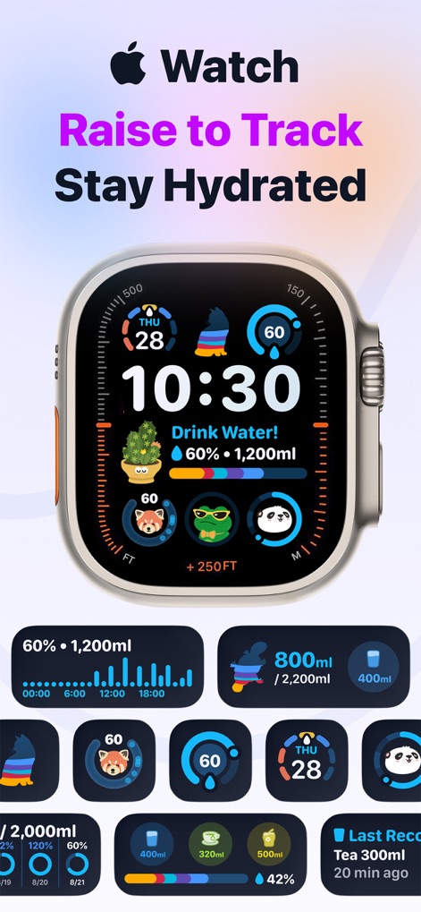 Water Tracker - Drink Reminder - Users can effortlessly monitor hydration goals and log intake directly from their Apple Watch face, displaying current progress and quick-add drink options.