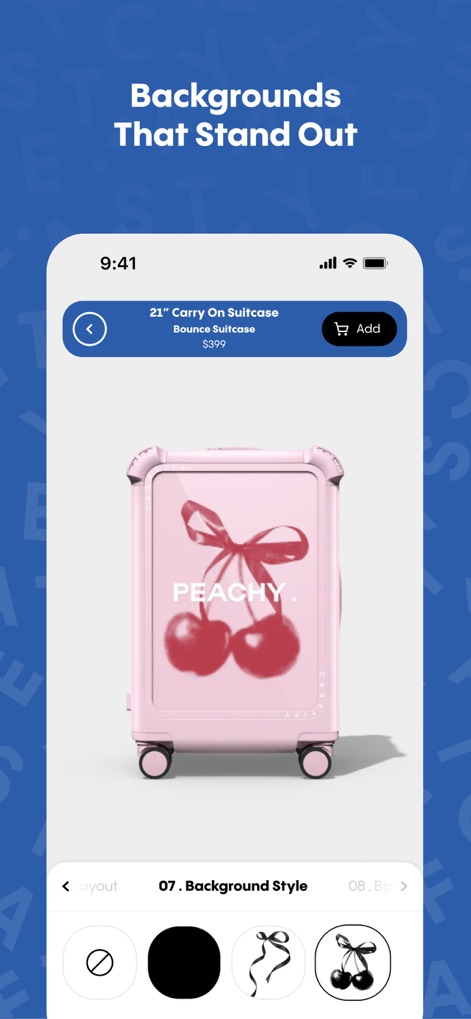 CASETiFY - Personalizza i tuoi accessori con sfondi distintivi, come la valigia rosa con un design "PEACHY" e ciliegie, scegliendo tra diverse opzioni di 'Background Style' per un tocco unico.