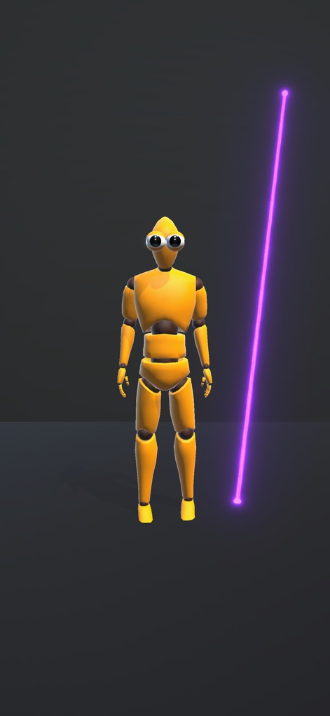 Elastic Playground:Ragdoll Fun - This app highlights how users initiate gameplay by dragging to connect objects, demonstrating the interaction between the vibrant yellow ragdoll and the dynamic purple rubber band.