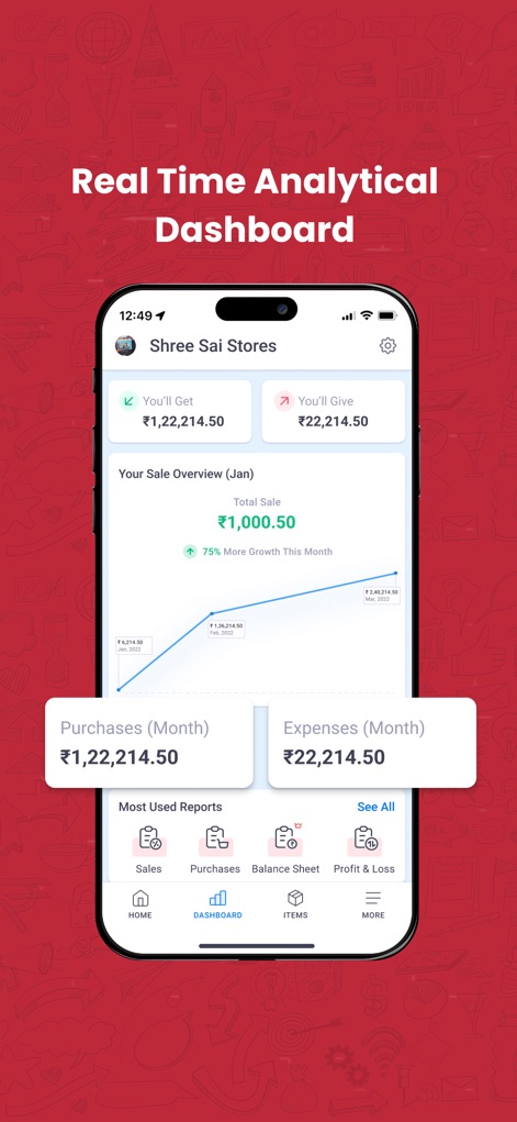 Vyapar - Billing & Accounting - このダッシュボードは、月間売上の成長トレンドを視覚的に表示し、貸借対照表や損益計算書などの主要レポートへ迅速にアクセスできるため、データに基づいた意思決定を支援します。