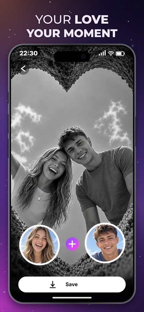 ReelMe: AI Photo & Video App Store screenshot 2, headline “YOUR LOVE YOUR MOMENT”. Purple.