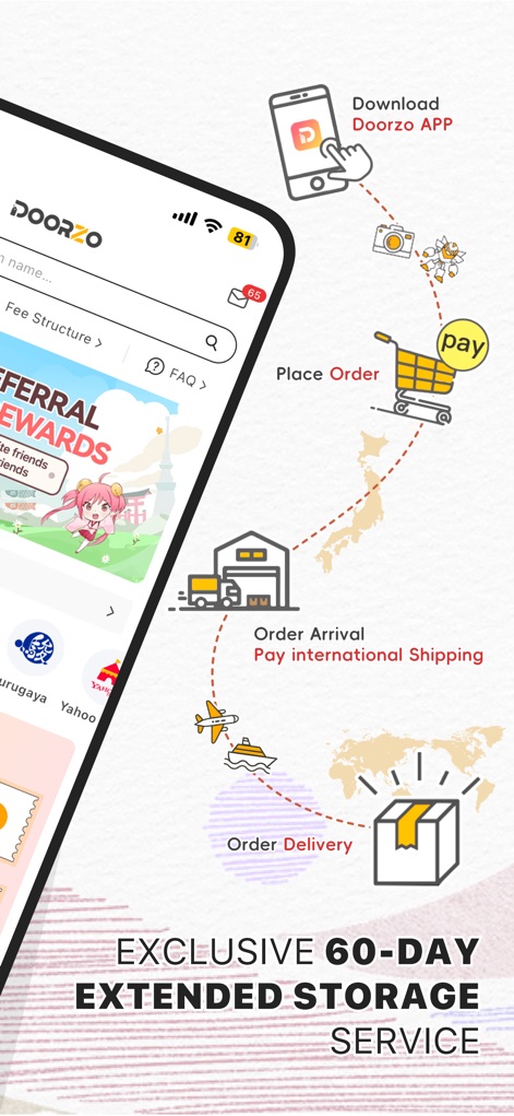 Doorzo – Buy & Bid from Japan - The app illustrates a clear four-step order process from 'Download' to 'Order Delivery', complemented by an 'Exclusive 60-Day Extended Storage Service' for convenient consolidation.