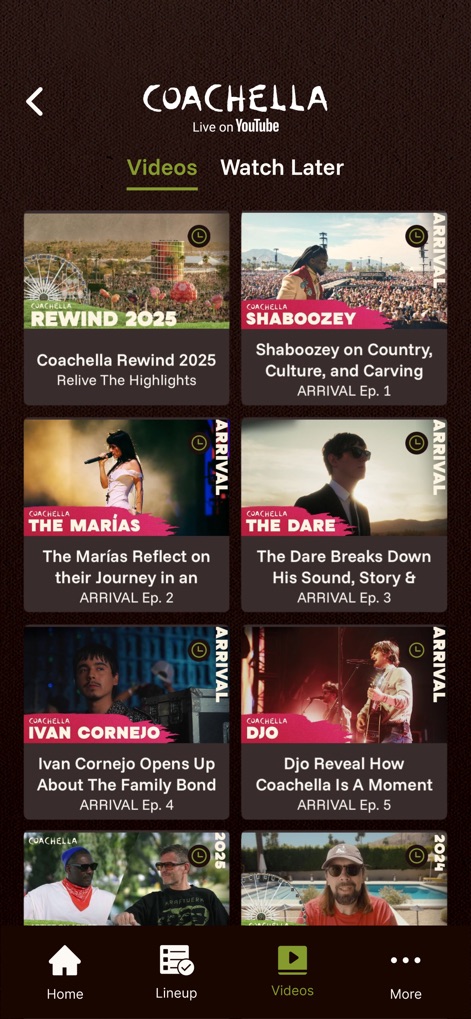 Coachella Livestream - La sección 'Videos' presenta una amplia gama de contenido, desde 'Coachella Rewind 2025' con actuaciones pasadas hasta episodios exclusivos de 'Arrival' que documentan a los artistas.