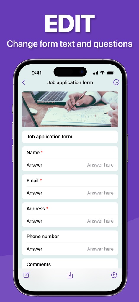 Forms ® - The app enables direct modification of form content, including updating question fields like name and email, and adding detailed comments sections.