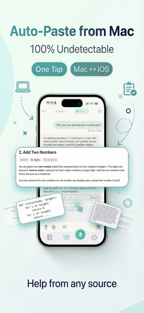 Interview AI Copilot: IT Buddy - A funcionalidade de colagem automática do Mac para iOS é ilustrada, exibindo uma descrição de problema de programação ('2. Add Two Numbers') e um snippet de código em análise.