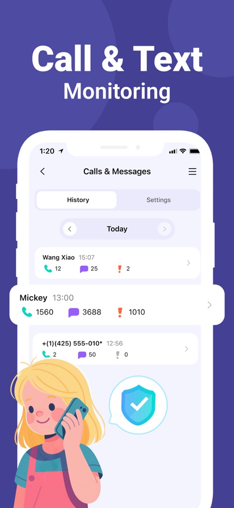 FamiSafe: Parental Control App - Los usuarios pueden revisar el "History" de llamadas y mensajes, identificando rápidamente el número de alertas de actividad sospechosa en las conversaciones.