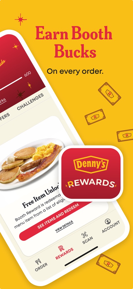 Denny's App Store screenshot 3, headline “Earn Booth Bucks”. Zoomed detail of the UI.