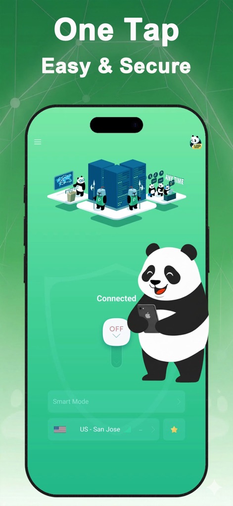 Panda VPN: Stream & Game Fast - A tela mostra um grande botão de alternância "OFF/ON" para "Connected" e a indicação da localização do servidor "US - San Jose", enfatizando a facilidade de uso com "One Tap" para uma conexão segura.
