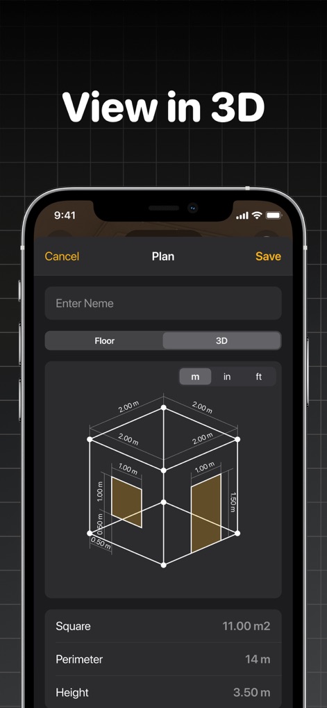The Tape Measure & 3D Scanner - The app provides an immersive 3D visualization of created floor plans, showcasing room dimensions and features with precise measurements like 2.00 m lengths and 3.50 m heights.