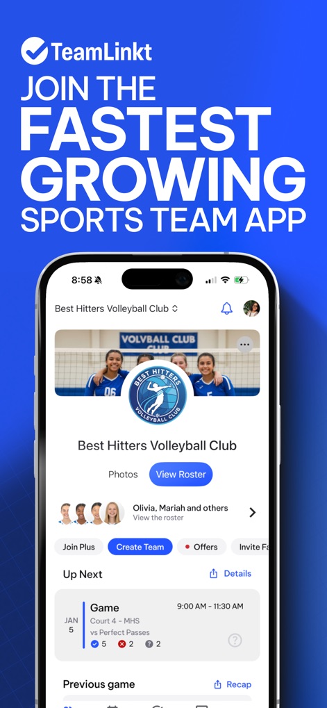 TeamLinkt - Sports Team App - L'application présente une page d'accueil d'équipe claire avec la bannière du club et un aperçu des événements à venir, permettant aux utilisateurs de visualiser rapidement les photos de l'équipe et le calendrier des matchs.